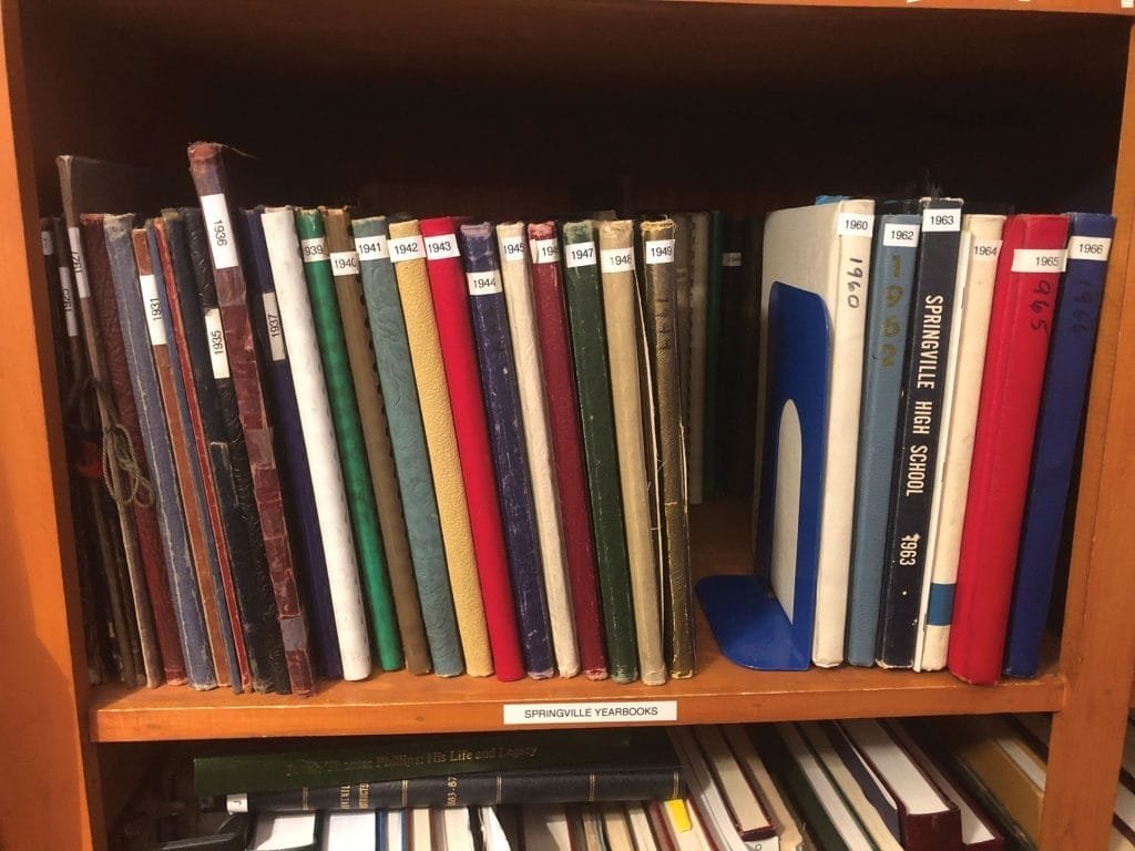Note the yearbooks missing in the gap in this photo are currently out being digitized.