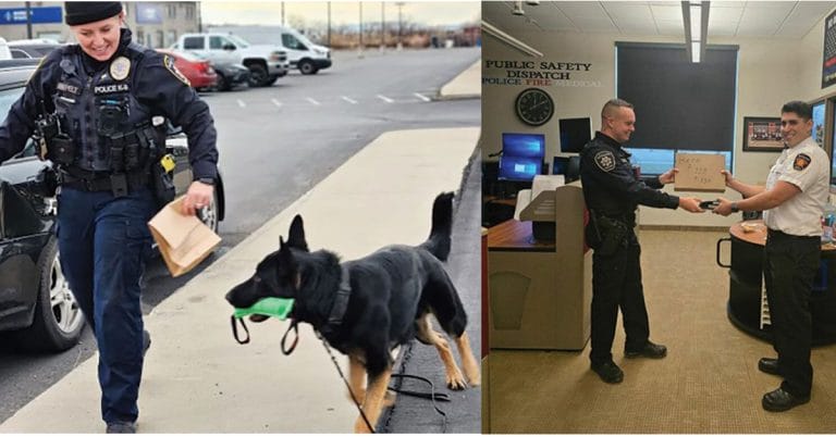 Left: Officer Van Pelt with her partner K9 Officer Grimm. Right: March 14: Chief Silva has his precious stapler back, and we have our doughnuts.