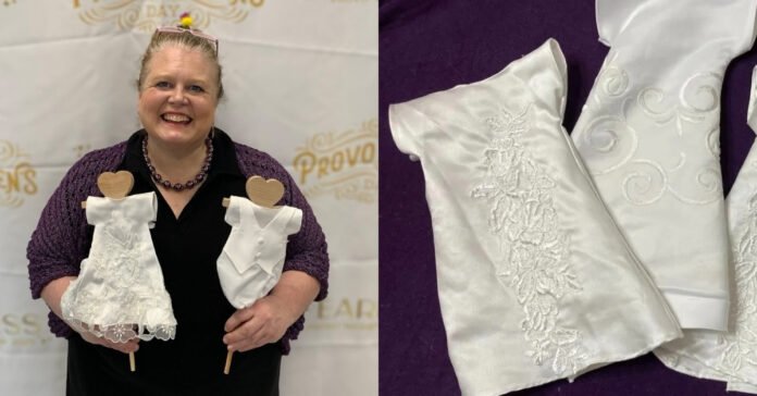Analane Powell and delicate infant burial gowns crafted from a donated wedding dress by Analane’s Angel Apparel for infant loss support.