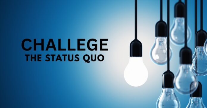 A single glowing bulb defying the darkness of a blue background, symbolizing the courage to challenge the status quo.