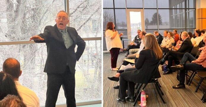 William Boardman, left, and Kelly Kaye Walker, right, presenting to the crowd at the annual Utah Valley Toastmasters Kickoff.