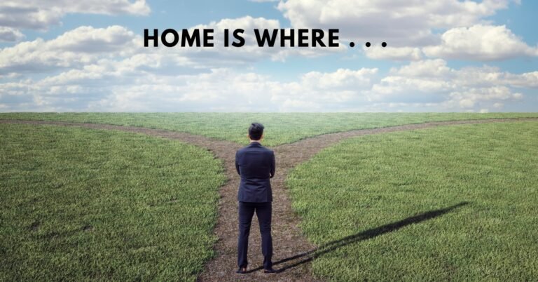 A man standing at a fork in a grassy path with the words "Home is where" above him, symbolizing the duality of belonging and the personal definition of home.