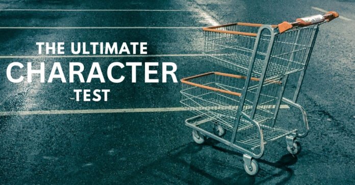 A lone shopping cart in a parking lot, symbolizing the personal choice between convenience and community integrity.