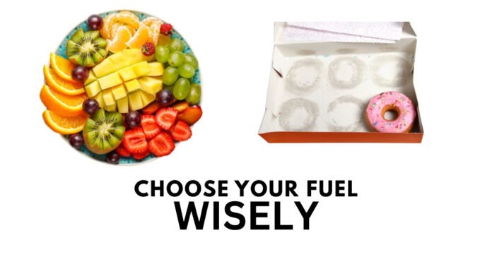 A side-by-side comparison of fresh produce and a donut box, illustrating healthy eating goals and things to do or not do.