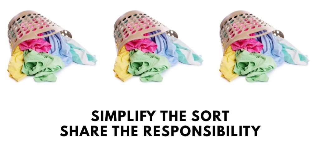 A group of sorted laundry baskets for different family members, illustrating the "Simplify the Sort, Share the Responsibility" approach.