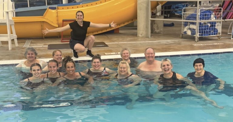 Alli Moon leading an energetic AquaFit class at the Clyde Recreation Center pool in Springville.