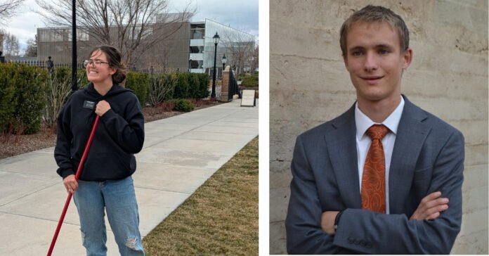 Sister Hoopes and Elder Kent, two young service missionaries, serving their local community in Springville, Utah.