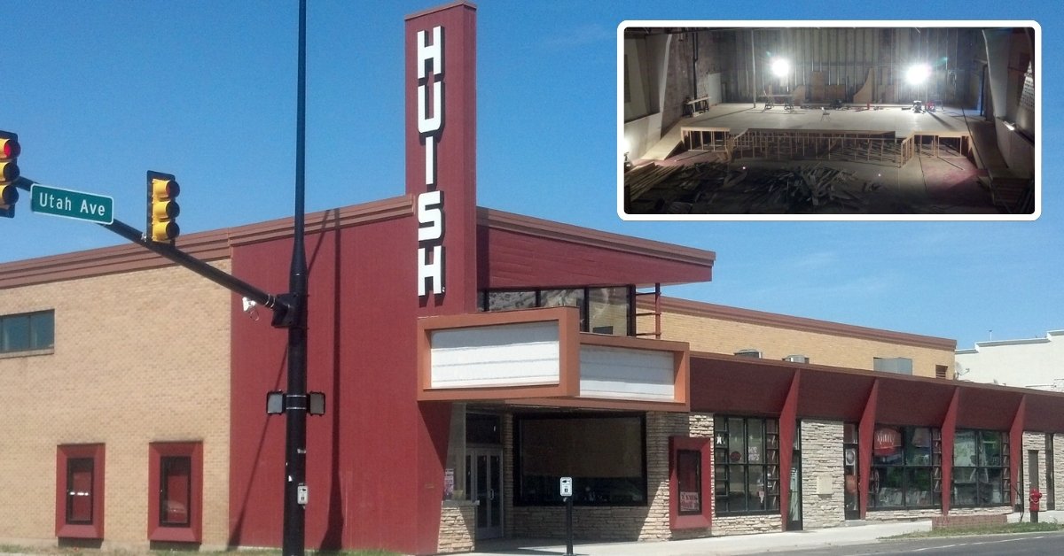 Exterior of the historic Huish Theater in Payson during its multi-phase renovation into a full-production arts venue.